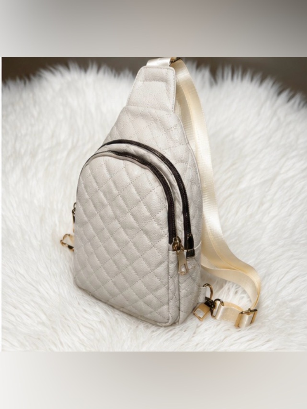 Vegan Leather Ivory Quilted Crossbody Sling Bag w/ Gold Hardware